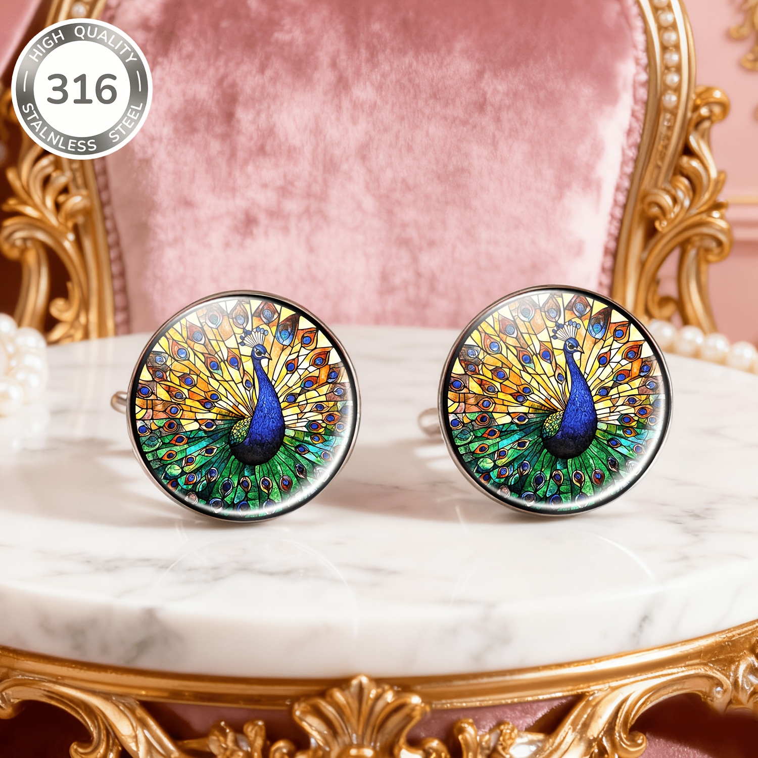 2pcs Peacock Feather Stainless Steel Non-Piercing Earrings Set